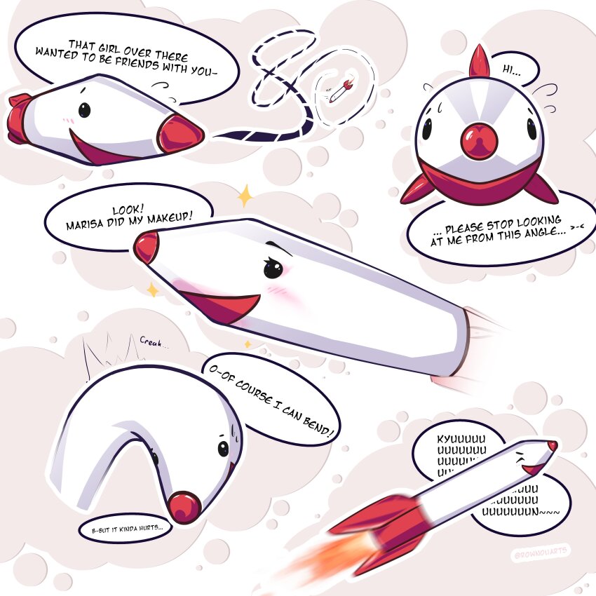 1other absurdres black_eyes english_text fins fire highres mimi-chan missile multiple_views no_humans red_nose rocket rownou shaded_face simple_background smile solid_circle_eyes touhou touhou_(pc-98) weapon