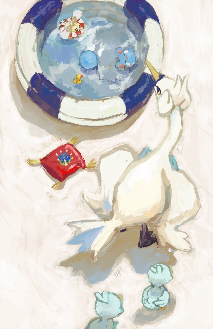 absurdres animal_focus aomidori_iro crown cutiefly ducklett from_above game_freak gen_2_pokemon gen_5_pokemon gen_7_pokemon highres marill nintendo no_humans pokemon pokemon_(creature) rubber_duck swanna wading_pool