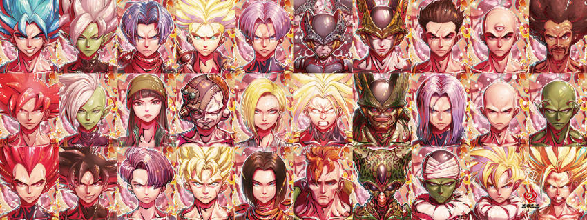2girls 6+boys android android_16 android_17 android_18 angry bald black_hair blonde_hair blue_eyes blue_hair cell_(dragon_ball) cell_junior clenched_teeth colored_skin cyborg dragon_ball dragon_ball_super dragonball_z earrings expressionless frieza glowing glowing_eyes goku_black green_skin grin highres imperfect_cell jewelry kanchiyo kuririn long_hair looking_at_viewer mai_(dragon_ball) mr._satan multiple_boys multiple_girls namekian orange_hair parted_bangs perfect_cell piccolo pink_hair potara_earrings red_eyes scar scar_on_face semi-perfect_cell short_hair smile smirk son_gohan son_gohan_(future) son_goku spiked_hair super_saiyan super_saiyan_blue super_saiyan_god super_saiyan_rose teeth tenshinhan third_eye trunks_(dragon_ball) trunks_(future)_(dragon_ball) trunks_(future)_(xeno)_(dragon_ball) vegeta vegetto white_hair yamcha zamasu