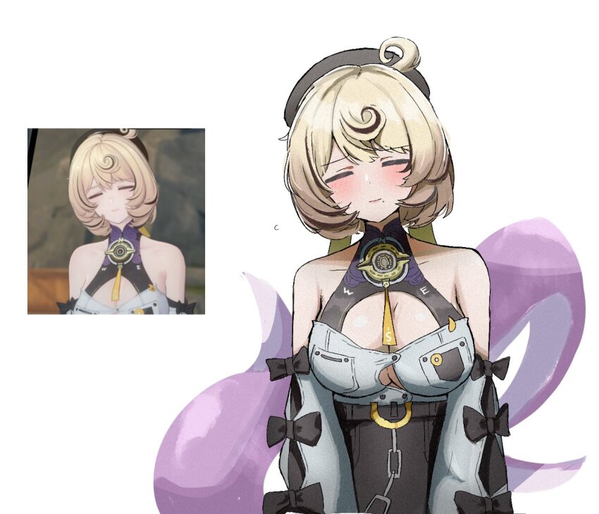 1girl accessories bare_shoulders beret black_bow black_hat blonde_hair blush bow breasts button_gap chain cleavage closed_eyes closed_mouth commentary_request detached_sleeves game_screenshot_inset hat head_tilt high-waist_shorts large_breasts mole mole_under_mouth monster_girl pepa_xgame reference_inset scylla shirt short_hair shorts simple_background solo tentacle_girl tentacle_tail tentacles upper_body white_background white_shirt white_sleeves yidhari_murphy zenless_zone_zero