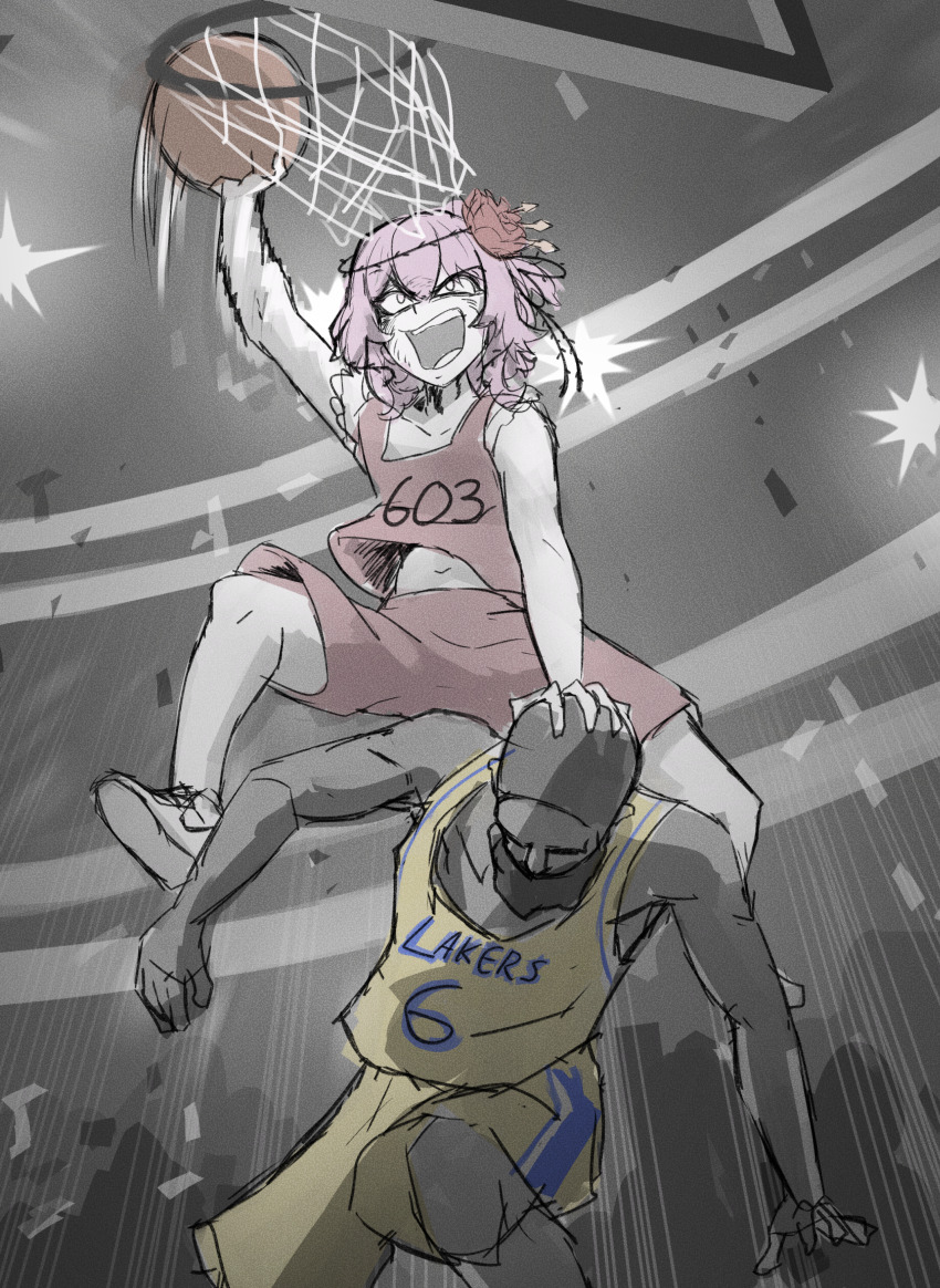 1boy 1girl absurdres alternate_costume bald ball basket basketball_(object) basketball_uniform commentary dark-skinned_male dark_skin english_commentary flower hair_flower hair_ornament highres holding holding_ball lebron_james los_angeles_lakers medium_hair meme national_basketball_association navel nijisanji nijisanji_en open_mouth pink_hair real_life red_shirt red_shorts rosemi_lovelock shirt shorts sleeveless sportswear taroko3 venom_dunking_on_spider-man_(meme) virtual_youtuber white_footwear yellow_shirt yellow_shorts