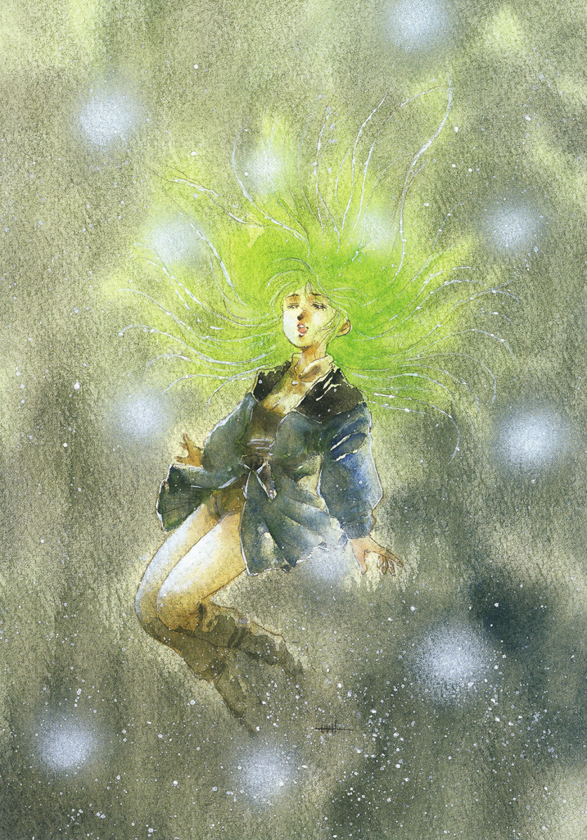 1girl boots char&#039;s_counterattack closed_eyes energy glowing green_hair gundam highres jacket long_hair mikimoto_haruhiko official_art open_mouth painting_(medium) production_art promotional_art prototype_design quess_paraya scan science_fiction signature space star_(symbol) star_symbol_background traditional_media
