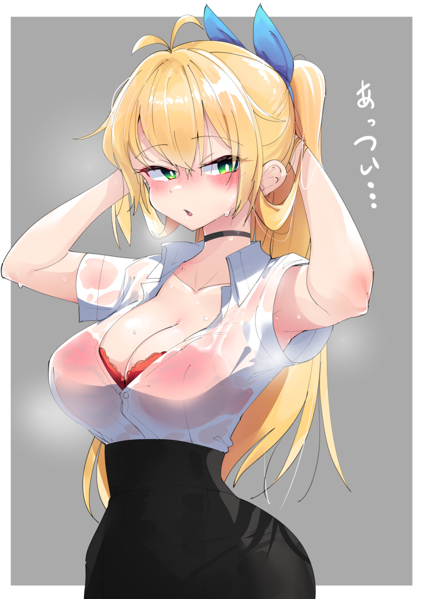 1girl alternate_costume antenna_hair arms_behind_head blonde_hair blush bra breasts bright_pupils choker cleavage collarbone green_eyes high-waist_skirt highres jewelry large_breasts long_hair necklace paper ponytail red_bra see-through_clothes see-through_shirt short_sleeves sidelocks skirt solo steaming_body sweat tsurumaki_maki underwear very_sweaty voiceroid white_pupils zooanime