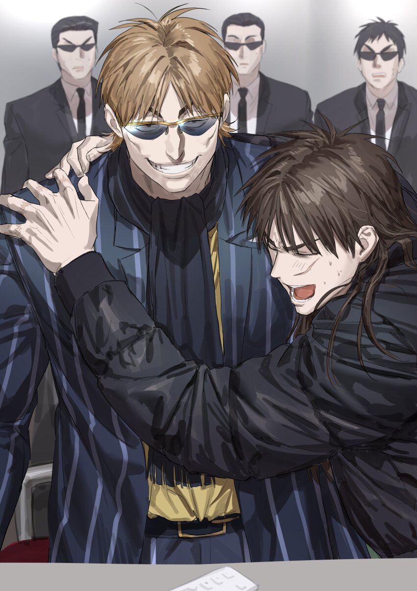 5boys absurdres black_coat black_hair black_jacket black_necktie black_scarf blue_jacket brown_hair chamuring closed_eyes coat collared_shirt facial_scar formal_clothes grin highres hug hyoudou_kazuya itou_kaiji jacket kaiji light_brown_hair long_hair looking_at_viewer male_focus multiple_boys necktie open_mouth over-rim_eyewear puffy_coat scar scar_on_cheek scar_on_face scarf semi-rimless_eyewear shirt smile striped_clothes striped_jacket suit sunglasses table upper_body vertical-striped_clothes vertical-striped_jacket white_shirt yellow-framed_eyewear yellow_shirt
