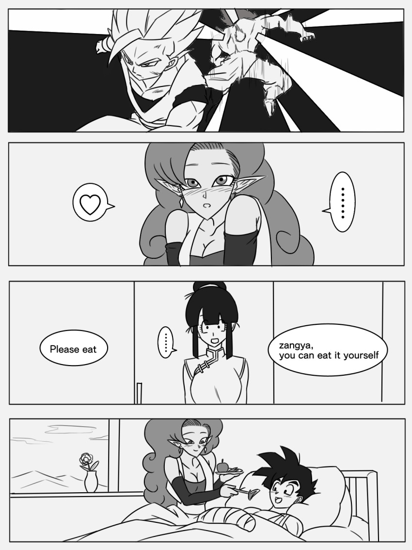 2boys 2girls apple bed blush bojack breasts cast chi-chi_(dragon_ball) china_dress chinese_clothes cleavage comic commentary dougi dragon_ball dragonball_z dress english_text feeding food fruit greyscale hair_bun heart highres hospital_bed long_hair medium_breasts monochrome multiple_boys multiple_girls muscular muscular_male pointy_ears spoken_heart super_saiyan super_saiyan_2 user_drzw2874 zangya