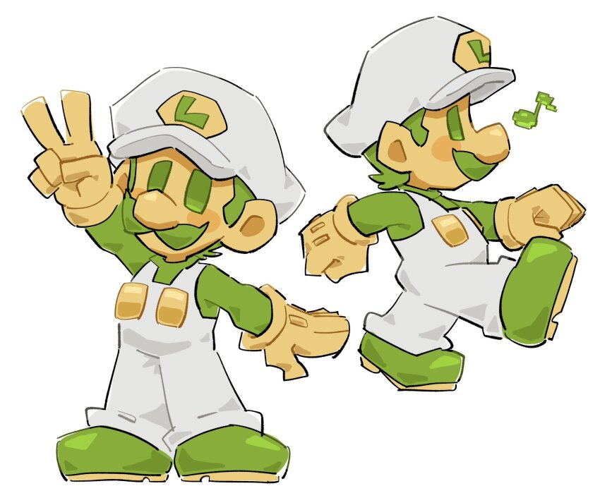 1boy blush chibi colored_skin facial_hair full_body gloves green_eyes green_facial_hair green_hair green_shoes green_skirt hat highres long_sleeves looking_at_viewer luigi male_focus mario_(series) mimimi_(mimimim9999) music musical_note mustache nintendo orange_gloves orange_skin overalls shirt shoes short_hair singing skirt super_mario_bros._1 v walking white_background white_hat white_overalls