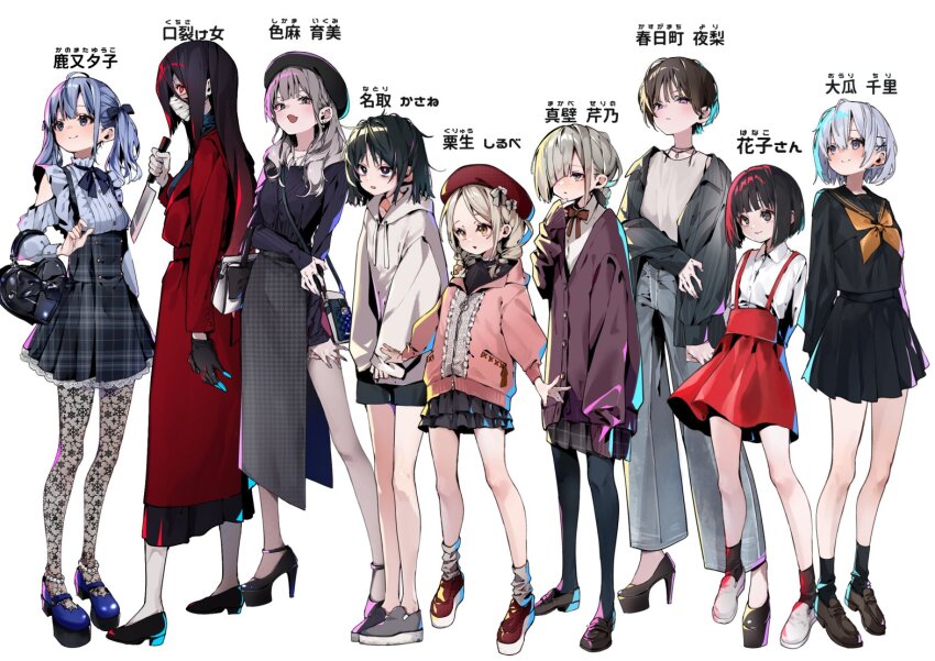 6+girls bag bags_under_eyes beret black_eyes black_hair black_panties black_serafuku blue_eyes blue_hair bob_cut cardigan commentary_request dress enomoto_nao full_body gloves grey_eyes grey_hair hair_over_one_eye hat high-waist_skirt high_heels holding holding_knife hood hoodie jirai_kei knife lace_pantyhose loafers long_hair mask miniskirt mouth_mask multiple_girls orange_eyes original panties platform_shoes red_dress red_eyes school_uniform serafuku shoes short_hair simple_background skirt suspender_skirt suspenders translation_request underwear white_background