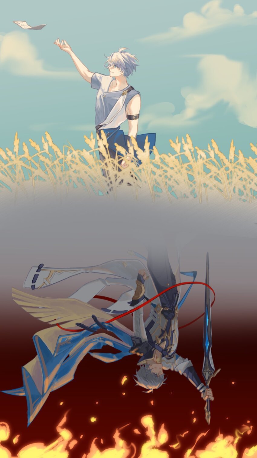 2boys akaguchi_35 ancient_greek_clothes antenna_hair arm_up armlet armor black_gloves black_pants blue_cape blue_eyes blue_shirt blue_sky cape clenched_hand closed_mouth cloud cloudy_sky dawnmaker_(honkai:_star_rail) day dual_persona fingerless_gloves fire floating_cape floating_clothes gloves greco-roman_clothes grey_hair grey_pants hair_between_eyes highres himation holding holding_sword holding_weapon honkai:_star_rail honkai_(series) jacket jewelry long_sleeves looking_at_object looking_to_the_side male_focus multiple_boys official_alternate_costume outdoors pants paper phainon_(a_dream_scented_in_wheat)_(honkai:_star_rail) phainon_(honkai:_star_rail) puffy_long_sleeves puffy_sleeves shirt short_hair short_sleeves shoulder_armor single_glove sky smile standing sword two-sided_cape two-sided_fabric upside-down weapon weeds white_jacket yellow_cape