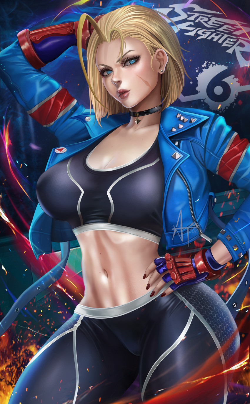 absurdres black_sports_bra blonde_hair breasts cammy_white capripants choker cleavage english_text facial_scar green_eyes hair_between_eyes highres jacket large_breasts linea_alba looking_at_viewer md5_mismatch midriff navel open_clothes open_jacket open_mouth pants realistic resolution_mismatch scar scar_on_cheek scar_on_face short_hair smile solo source_smaller sports_bra up
