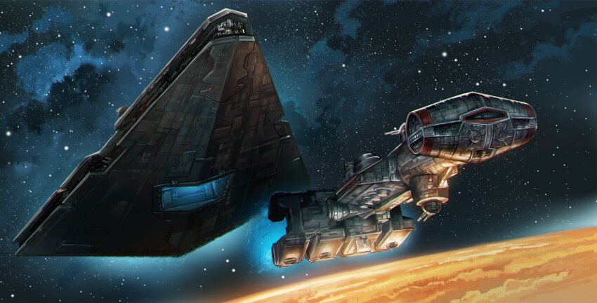 commentary english_commentary galactic_empire_(star_wars) glowing highres lying no_humans planet rafal_szlapa rebel_alliance_(star_wars) scene_reference science_fiction space spacecraft star_destroyer star_wars star_wars:_a_new_hope tantive_iv vehicle_focus
