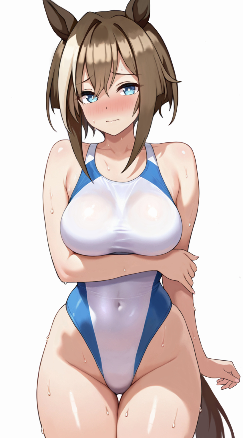 1girl animal_ears blue_eyes blush bob_cut brown_hair cheval_grand_(umamusume) closed_eyes commentary_request cowboy_shot fuji_noriho hair_between_eyes highleg highleg_one-piece_swimsuit highres horse_ears horse_girl horse_tail inverted_bob looking_at_viewer multicolored_hair nose_blush one-piece_swimsuit simple_background solo streaked_hair swimsuit tail thigh_gap two-tone_one-piece_swimsuit umamusume white_background white_hair white_one-piece_swimsuit