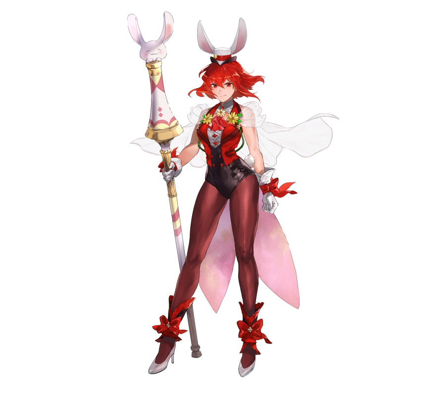1girl absurdres breasts capelet clenched_hand closed_mouth commentary_request female_focus fire_emblem fire_emblem:_mystery_of_the_emblem fire_emblem_heroes full_body gloves hat high_heels highres holding leotard looking_at_viewer matching_hair/eyes mayo_(becky2006) medium_breasts minerva_(fire_emblem) minerva_(spring)_(fire_emblem) mini_hat nintendo official_art pantyhose polearm rabbit_tail red_eyes red_hair see-through_clothes short_hair simple_background sleeveless smile solo standing tail weapon white_background white_gloves