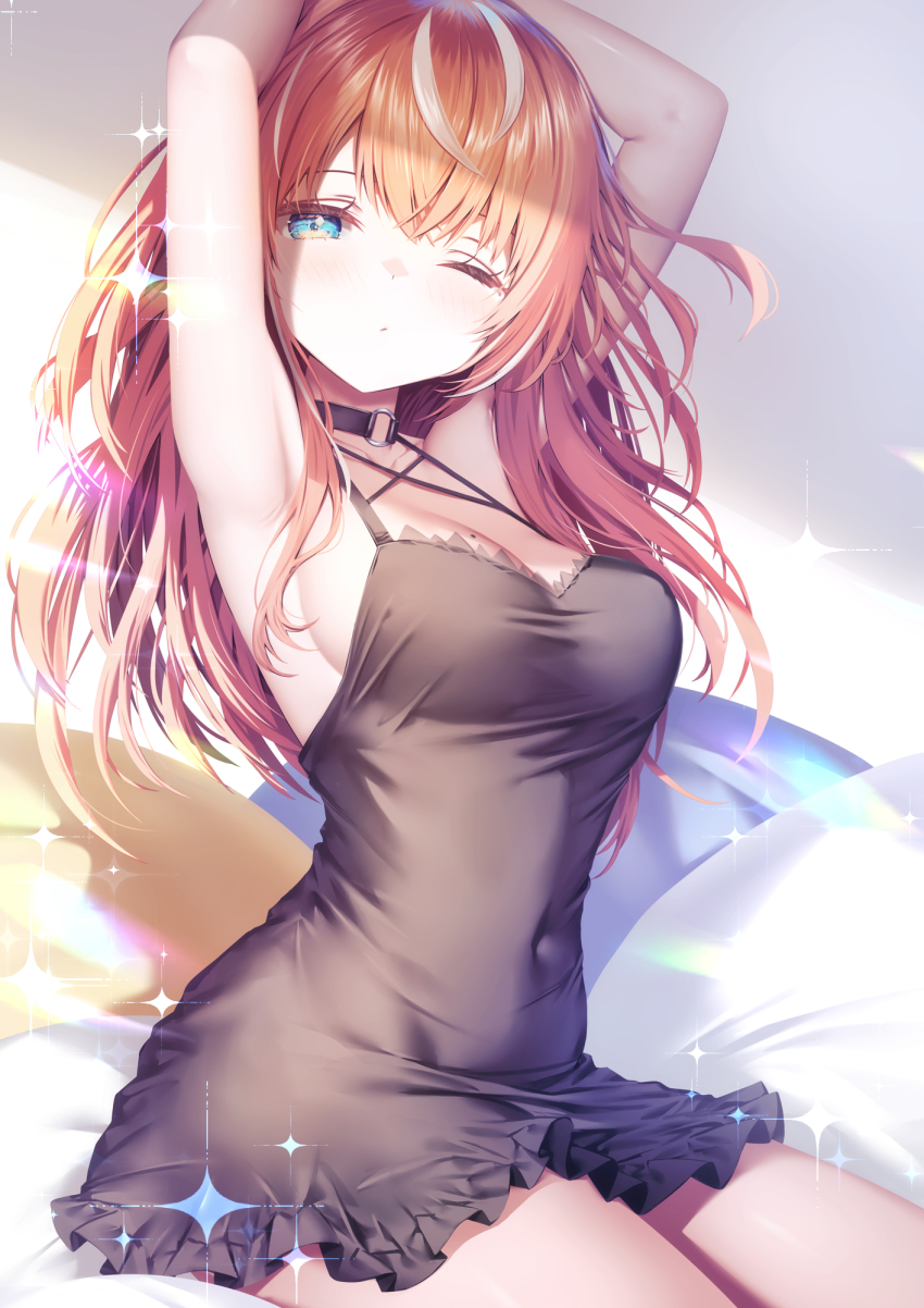 1girl armpits arms_up black_choker black_dress blue_eyes breasts choker dress highres igarashi_rika long_hair looking_at_viewer medium_breasts nijisanji one_eye_closed orange_hair red_hair short_dress sitting sleeveless solo tearing_up tears tears_from_one_eye virtual_youtuber white_background yawning zzz_(zzz00166403zzz)