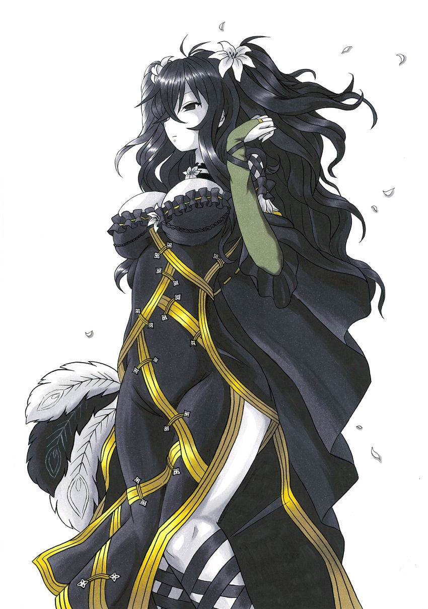 1girl absurdres ajikeneko black_dress black_eyes black_hair breasts bridal_gauntlets closed_mouth dress expressionless feather_fan female_focus flower from_side fubuki_(senran_kagura) hair_between_eyes hair_flower hair_ornament highres knees_together_feet_apart long_hair looking_away marker_(medium) medium_breasts millipen_(medium) nib_pen_(medium) pale_skin pen_(medium) senran_kagura senran_kagura_new_link side_slit solo traditional_media two_side_up very_long_hair wavy_hair