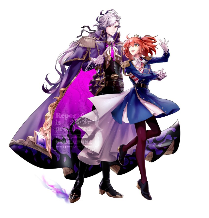 1boy 1girl ;d ahoge aiguillette aluco_klk artist_name belt belt_buckle black_belt black_boots black_hair black_pants black_ribbon black_shoes blue_dress boots bow bowtie buckle cape collared_cape crown dancing dress edmond_dantes_(fate) epaulettes fate/grand_order fate_(series) fire fujimaru_ritsuka_(female) fujimaru_ritsuka_(female)_(halloween_royalty) full_body gradient_hair hair_ornament hair_ribbon hair_scrunchie high_heel_boots high_heels highres holding_hands layered_dress long_hair long_sleeves merchandise_available mini_crown multicolored_hair neckerchief one_eye_closed one_side_up open_mouth orange_hair pants pantyhose purple_cape purple_fire red_eyes red_pantyhose ribbon scrunchie shoes simple_background smile the_count_of_monte_cristo_(fate) the_count_of_monte_cristo_(second_ascension)_(fate) twitter_username very_long_hair watermark white_background white_bow white_hair white_neckerchief