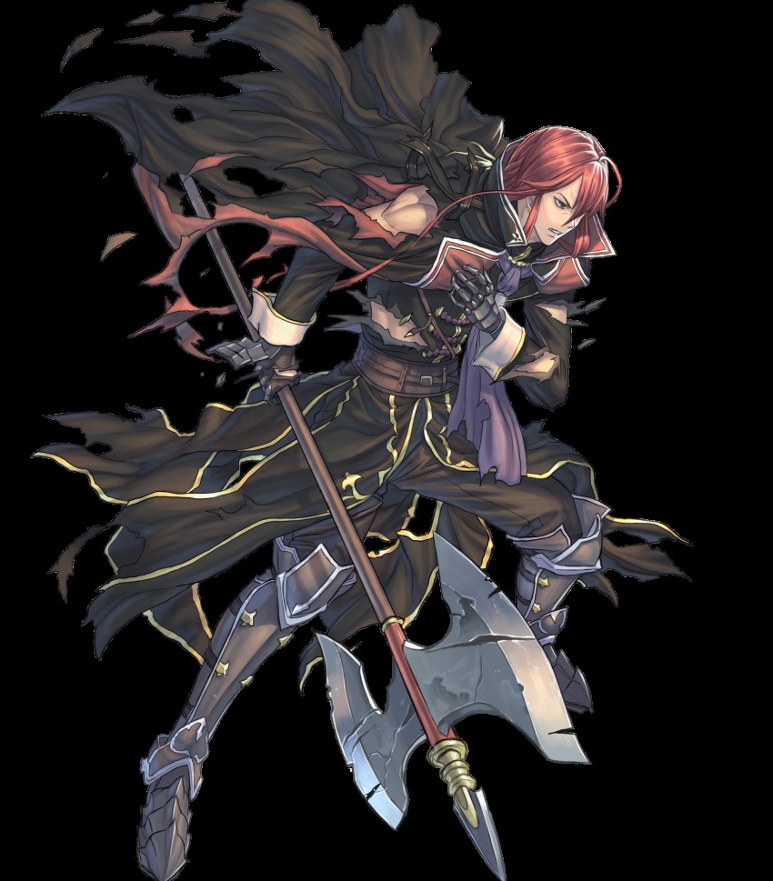1boy armor armored_boots axe boots brown_eyes cape earrings fire_emblem fire_emblem:_mystery_of_the_emblem fire_emblem_heroes full_body gloves highres izuka_daisuke jewelry long_hair male_focus misheil_(fire_emblem) nintendo official_art red_hair solo teeth torn_clothes transparent_background weapon