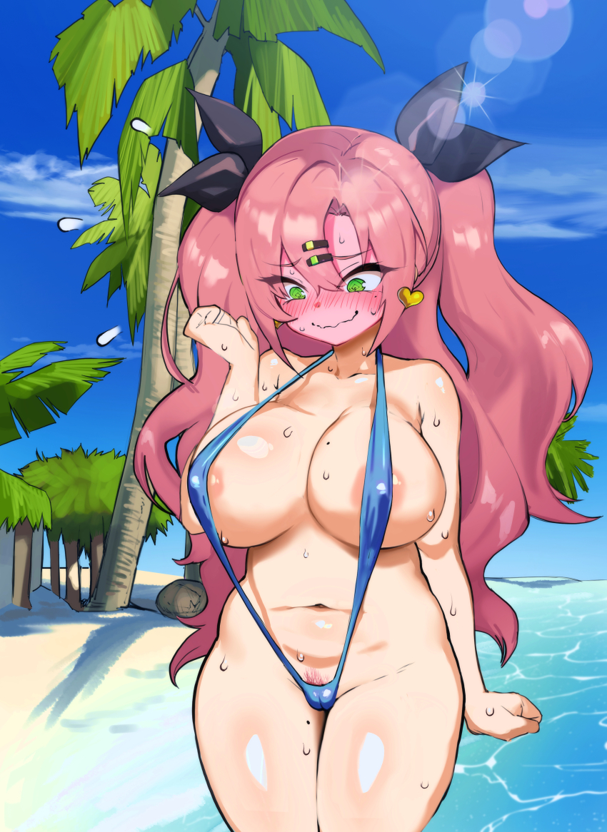 1girl areola_slip arm_at_side beach black_ribbon blue_one-piece_swimsuit blue_sky blush breasts cameltoe closed_mouth collarbone covered_erect_nipples cowboy_shot day earrings embarrassed eyebrows eyelashes female_focus female_pubic_hair full-face_blush green_eyes hair_ribbon hand_up jewelry large_breasts legs_together long_hair looking_afar looking_down mihoyo mole mole_on_breast mole_on_thigh mole_under_eye navel nervous nervous_smile nicole_demara ocean one-piece_swimsuit outdoors pink_hair pubic_hair pubic_hair_peek ribbon sand sky slingshot_swimsuit smile solo standing sun swimsuit thighs two_side_up variant_set water wavy_mouth yoma_(mayo) zenless_zone_zero