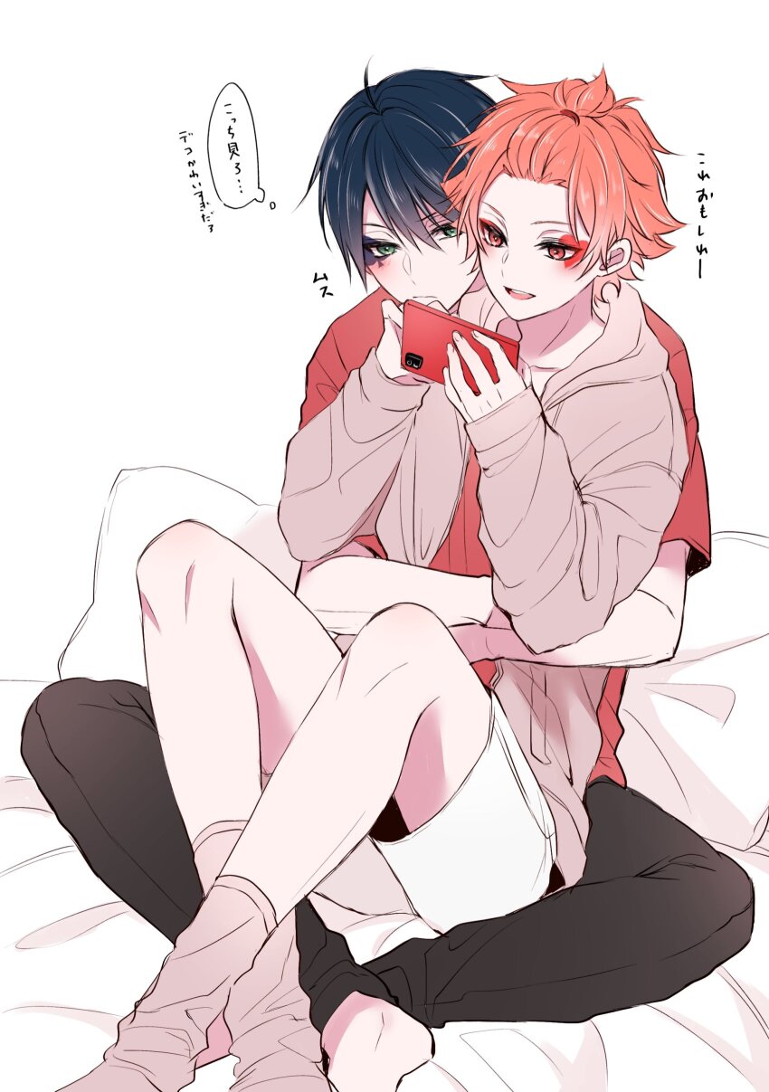 2boys absurdres ace_trappola arms_around_waist arms_up bangs_pinned_back barefoot bed black_pants blue_hair blush cellphone commentary_request deuce_spade facial_mark grey_hoodie hair_between_eyes heart highres holding holding_phone hood hood_down hoodie long_sleeves looking_at_another looking_at_phone looking_to_the_side male_focus mofu_twst multiple_boys open_mouth orange_eyes orange_hair pants parted_bangs phone pillow red_eyes red_shirt shirt short_hair short_sleeves shorts sitting sitting_on_lap sitting_on_person sleeves_past_wrists smartphone socks spade_(shape) speech_bubble t-shirt teeth thought_bubble tongue translation_request twisted_wonderland upper_teeth_only white_background white_shorts yaoi