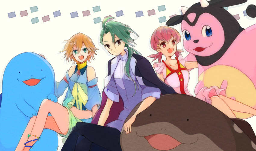 3girls ahoge alternate_costume animal_ears as_(yesahp) blue_skin clodsire collarbone colored_skin cow_ears cow_horns gen_2_pokemon green_eyes green_hair horns looking_at_viewer midriff miltank misty_(pokemon) multiple_girls navel nintendo open_mouth orange_hair pink_hair pokemon pokemon_(creature) pokemon_hgss pokemon_masters_ex pokemon_sv quagsire rika_(pokemon) whitney_(pokemon)