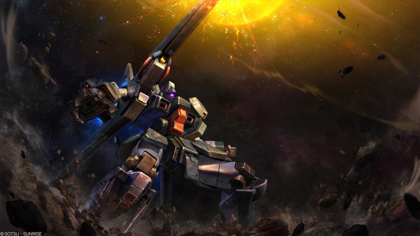 absurdres asteroid beam_cannon cable copyright_logo debris energy ga-zowmn glowing gundam gundam_battle_operation_2 gundam_unicorn gundam_zz highres machinery mecha mecha_focus mobile_suit neo_zeon no_humans official_art one-eyed painting_(medium) realistic robot rock scan science_fiction shoulder_cannon sunrise_(company) tenjin_hidetaka thrusters traditional_media