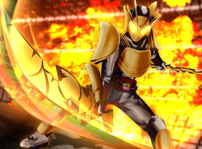 1boy absurdres armor bodysuit chips_(food) dual_wielding explosion food full_body glowing glowing_eyes grey_bodysuit henshin_belt_gavv highres holding holding_sword holding_weapon kamen_rider kamen_rider_gavv kamen_rider_gavv_(series) kamen_rider_gavv_(zakuzakuchips_form) looking_at_viewer male_focus potato_chips reiei_8 rider_belt solo sword tokusatsu weapon yellow_eyes zakuzaku_chips