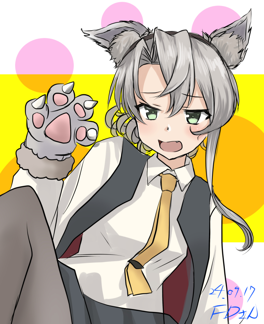 1girl adapted_costume alternate_sleeve_length animal_hands artist_name asymmetrical_hair collared_shirt dated dress_shirt fang fd_(fd_sanmaru) flipped_hair gloves grey_eyes grey_pantyhose grey_vest highres kantai_collection necktie nowaki_(halloween)_(kancolle) nowaki_(kancolle) official_alternate_costume pantyhose paw_gloves shirt solo swept_bangs vest werewolf_costume white_shirt wolf_paws yellow_necktie