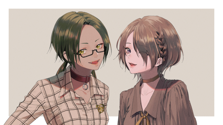 2girls border braid brown_choker brown_hair brown_shirt choker collarbone commission eyelashes fangs glasses green_hair hair_over_one_eye interlocked_mars_and_venus_symbols kurosujuu looking_at_viewer low_twintails mars_symbol multiple_girls o-ring open_mouth original parted_lips rectangular_eyewear shirt short_hair skeb_commission twintails upper_body venus_symbol white_border