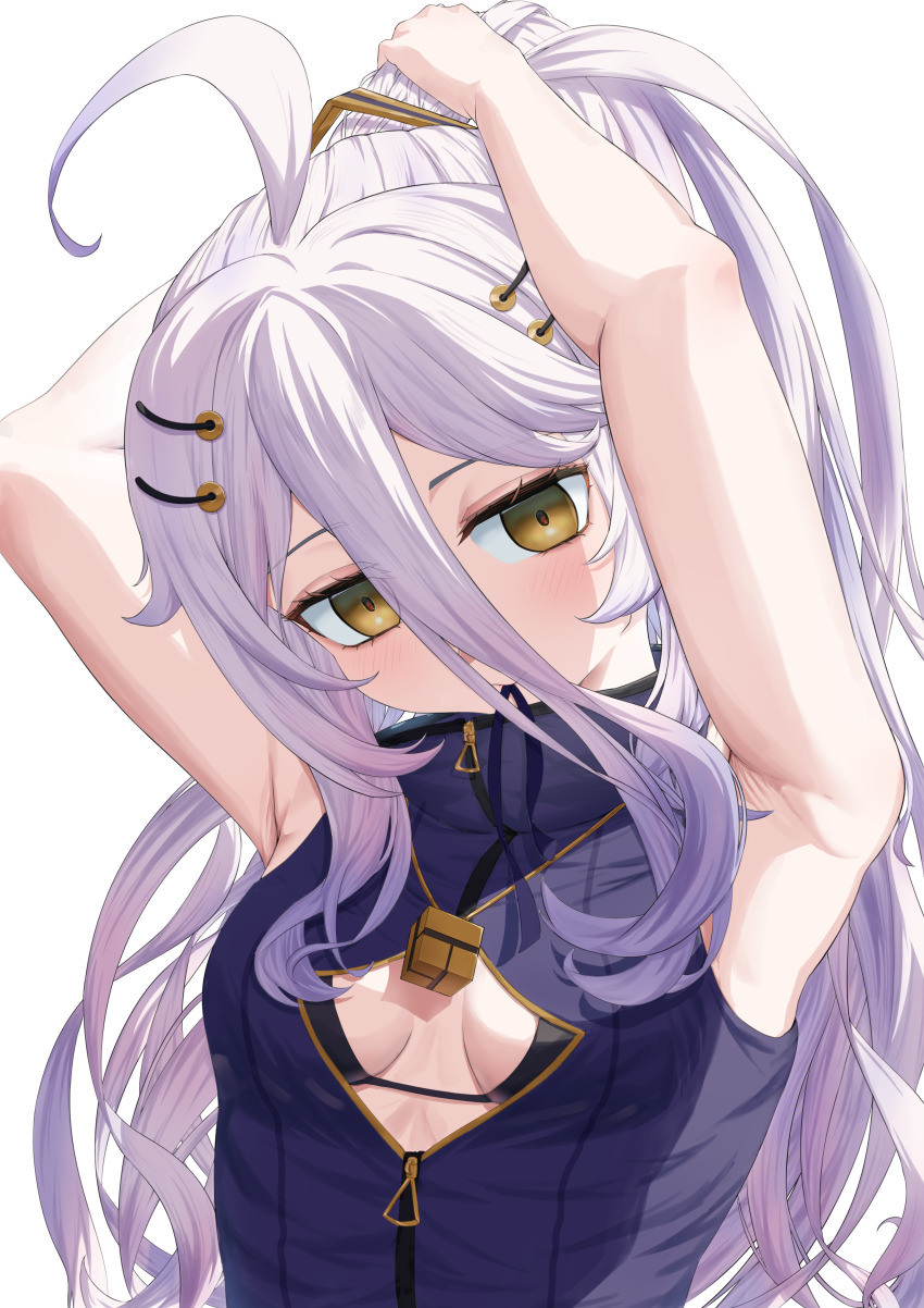 1girl absurdres adjusting_hair ahoge armpits arms_up black_bra bra breasts cleavage_cutout clothing_cutout cube dress gradient_hair grey_hair hair_between_eyes hair_ornament henya_the_genius henya_the_genius_(1st_costume) highres long_bangs long_hair looking_at_viewer majin_(mazimazindayo) mouth_hold multicolored_hair purple_dress purple_hair purple_ribbon ribbon simple_background sleeveless small_breasts solo underwear upper_body virtual_youtuber void_cube vshojo white_background yellow_eyes zipper_pull_tab