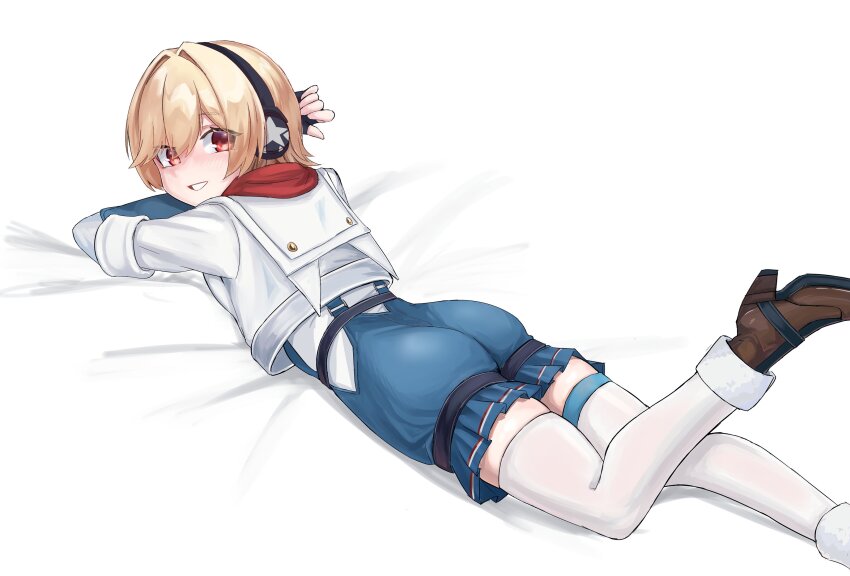 1girl absurdres ass asymmetrical_legwear black_gloves blonde_hair blue_jumpsuit blush boots brown_boots fingerless_gloves foot_out_of_frame from_behind fur-trimmed_boots fur_trim girls&#039;_frontline girls&#039;_frontline_2:_exilium gloves headphones high_heel_boots high_heels highres jacket jumpsuit long_sleeves looking_at_viewer lying medium_hair nagant_(girls&#039;_frontline_2) nagant_revolver_(girls&#039;_frontline) on_stomach red_eyes red_scarf scarf shenqi_xiaohuang smile solo thigh_strap thighhighs two-tone_jumpsuit white_jacket white_jumpsuit white_thighhighs