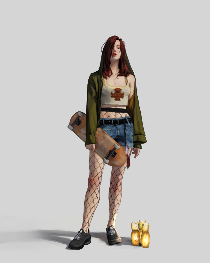 1girl atamagaitai black_shoes blue_shorts brown_eyes contemporary contrapposto dark_souls_(series) dark_souls_ii emerald_herald estus_flask fishnet_pantyhose fishnets green_jacket grey_background highres holding holding_skateboard hood hood_up hooded_jacket jacket lipstick looking_at_viewer makeup midriff_peek pantyhose parted_lips red_hair red_lips shirt shoes short_shorts shorts simple_background skateboard solo standing white_shirt