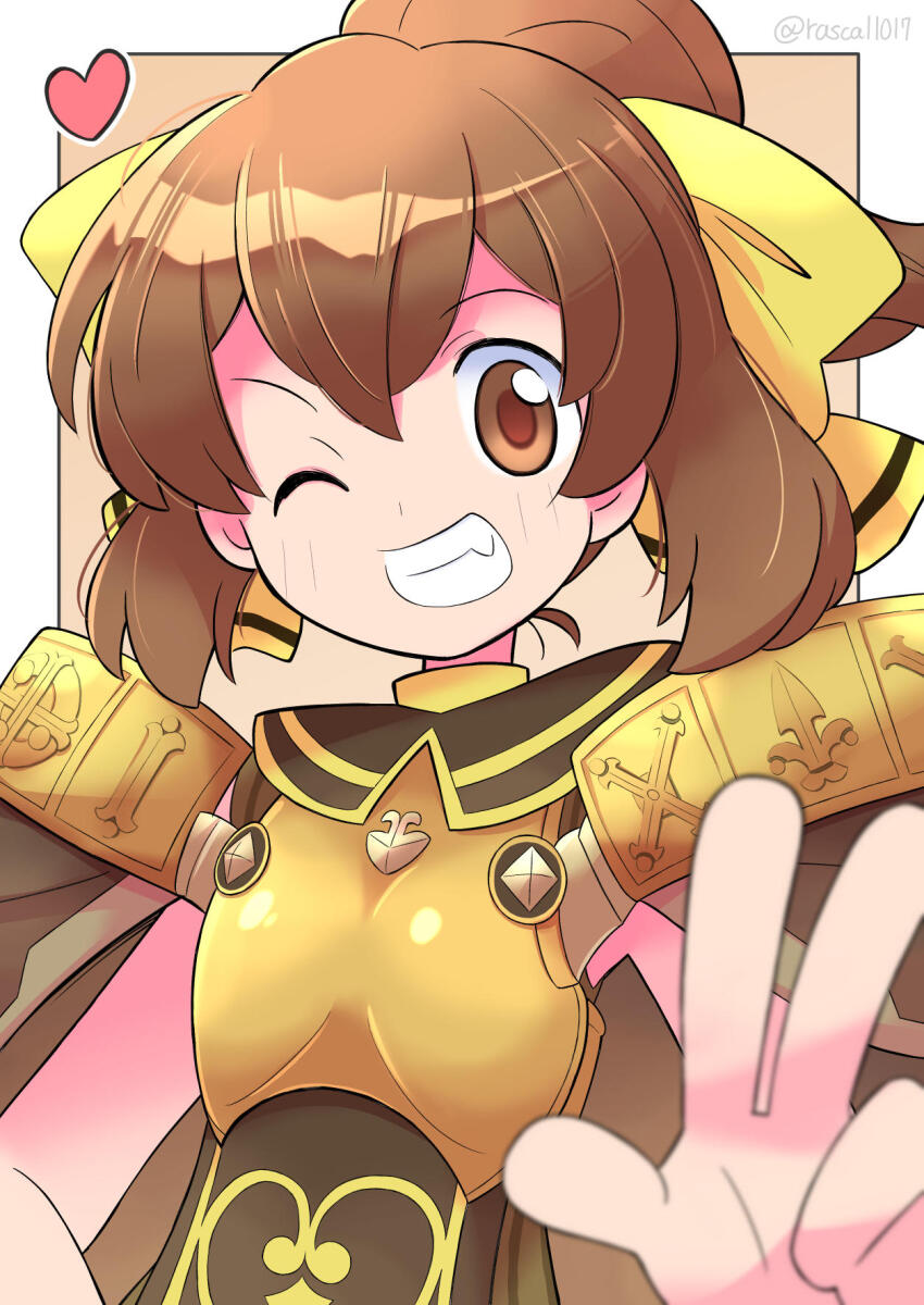 ;d bow brown_cape brown_eyes brown_hair cape commission delthea_(fire_emblem) fang fire_emblem fire_emblem_echoes:_shadows_of_valentia hair_bow heart highres looking_at_viewer nintendo one_eye_closed open_mouth ponytail rascal_(feuille) skeb_commission smile teeth twitter_username upper_body w yellow_bow