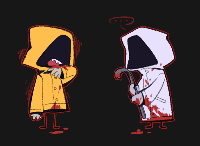 ... 2girls black_background blood blood_on_clothes blood_on_hands chinese_commentary chlorenw commentary_request crowbar heroine_(homicipher) highres holding holding_crowbar holding_weapon homicipher hood hood_up little_nightmares look-alike multiple_girls raincoat sharp_teeth simple_background six_(little_nightmares) spoken_ellipsis standing teeth weapon white_raincoat yellow_raincoat