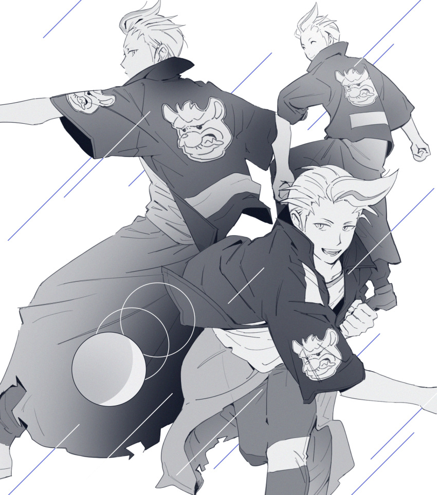 1boy closed_eyes drayton_(pokemon) greyscale highres holding holding_poke_ball jacket male_focus manyrowlet monochrome multicolored_hair multiple_views nintendo open_clothes open_jacket open_mouth pants poke_ball pokemon pokemon_sv shirt short_hair smile spot_color streaked_hair teeth throwing throwing_poke_ball