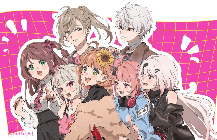 2boys 5girls akabane_youko artist_request black_skirt brown_hair coat flower fur_coat green_eyes hair_flower hair_ornament headphones headphones_around_neck highres honma_himawari kanae_(nijisanji) kuzuha_(nijisanji) makaino_ririmu multiple_boys multiple_girls necktie nijisanji red_eyes sasaki_saku shiina_yuika skirt virtual_youtuber white_hair wings