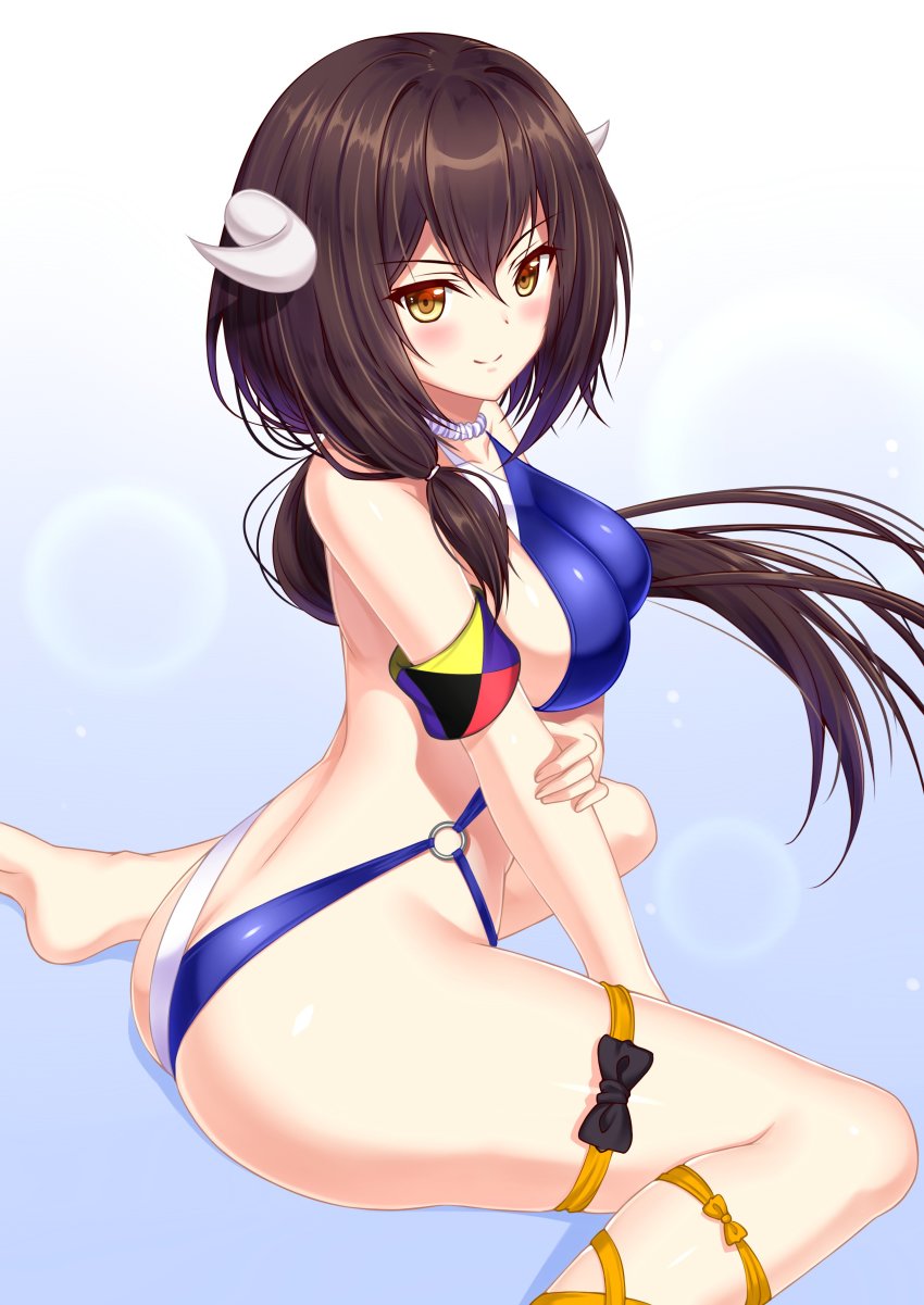 1girl absurdres ass azur_lane back blue_background blue_one-piece_swimsuit blush breasts brown_hair butt_crack commentary_request female_focus gradient_background hand_on_own_arm highres horns large_breasts long_hair looking_at_viewer mikasa_(azur_lane) one-piece_swimsuit ponytail shibata_rai sideboob sidelocks sitting smile solo swimsuit thigh_strap two-tone_swimsuit wariza white_background white_one-piece_swimsuit yellow_eyes z-flag
