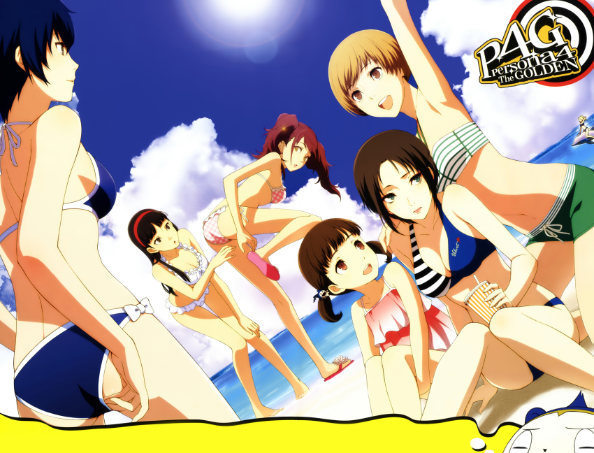 6+girls absurdres adjusting_clothes adjusting_swimsuit amagi_yukiko arm_up armpits artist_name ass bandeau bare_legs bare_shoulders barefoot beach bent_over bikini bikini_shorts black_eyes black_hair blue_bikini blue_eyes blue_hair blunt_bangs breasts brown_eyes brown_hair cameo camisole cleavage day dolphin doujima_nanako dutch_angle english_text flip-flops frilled_bikini frills hair_ornament hairband halterneck hand_on_own_knee highres kneeling kujikawa_rise lens_flare light_smile lips long_hair margaret_(persona) marie_(persona_4) medium_breasts multiple_girls navel persona persona_4 persona_4_the_golden plaid_bikini plaid_clothes red_hair sandals satonaka_chie shirogane_naoto short_hair short_twintails shorts sidelocks sitting small_breasts smile sogabe_shuuji string_bikini swimsuit twintails white_bikini