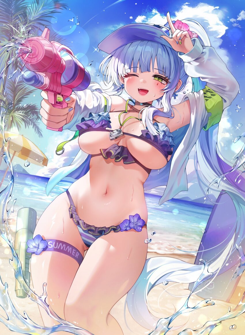armband beach bikini breasts cross cross-laced_bikini cross-laced_clothes cross_earrings earrings flower frilled_bikini frills girls&#039;_frontline girls&#039;_frontline_2:_exilium green_armband hair_flower hair_ornament highres hk416_(girls&#039;_frontline) holding holding_water_gun jacket jewelry klukai_(cerulean_breaker)_(girls&#039;_frontline_2) klukai_(girls&#039;_frontline_2) large_breasts long_hair nail_polish navel necklace_between_breasts nyan_(nyan12309) official_alternate_costume one_eye_closed open_clothes open_jacket ponytail smile swimsuit tattoo teardrop teardrop_facial_mark teardrop_tattoo thigh_strap visor_cap water_gun wet white_hair