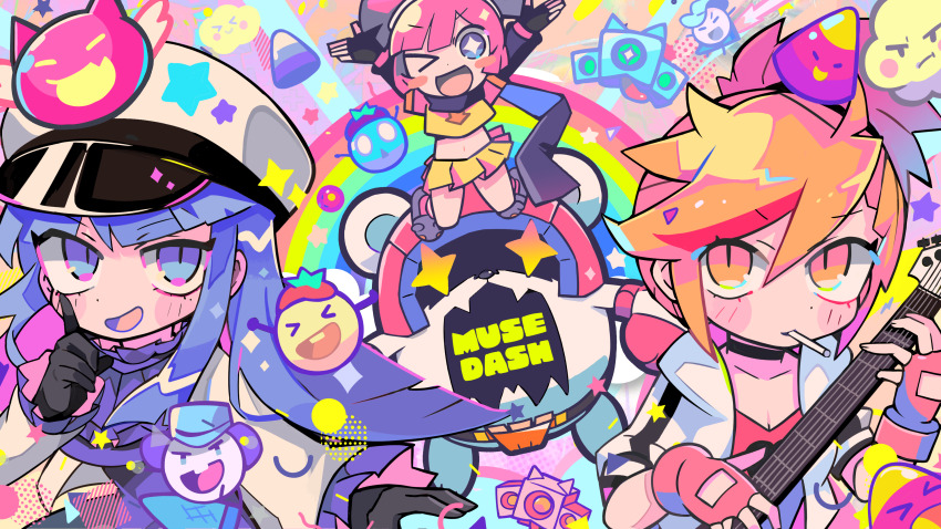 &gt;_o 3girls absurdres black_gloves bow breasts buro_(muse_dash) buro_(pilot)_(muse_dash) candy candy_corn choker cigarette cloud copyright_name gloves guitar hair_between_eyes hair_bow hat highres holding instrument long_sleeves looking_at_viewer marija_(muse_dash) marija_(violinist)_(muse_dash) multicolored_hair multiple_girls muse_dash music navel official_art ola_(muse_dash) one_eye_closed open_mouth orange_eyes orange_hair pink_hair playing_instrument purple_eyes red_gloves rin_(bassist)_(muse_dash) rin_(muse_dash) shirt skirt small_breasts star-shaped_pupils star_(symbol) streaked_hair symbol-shaped_pupils terada_tera twintails