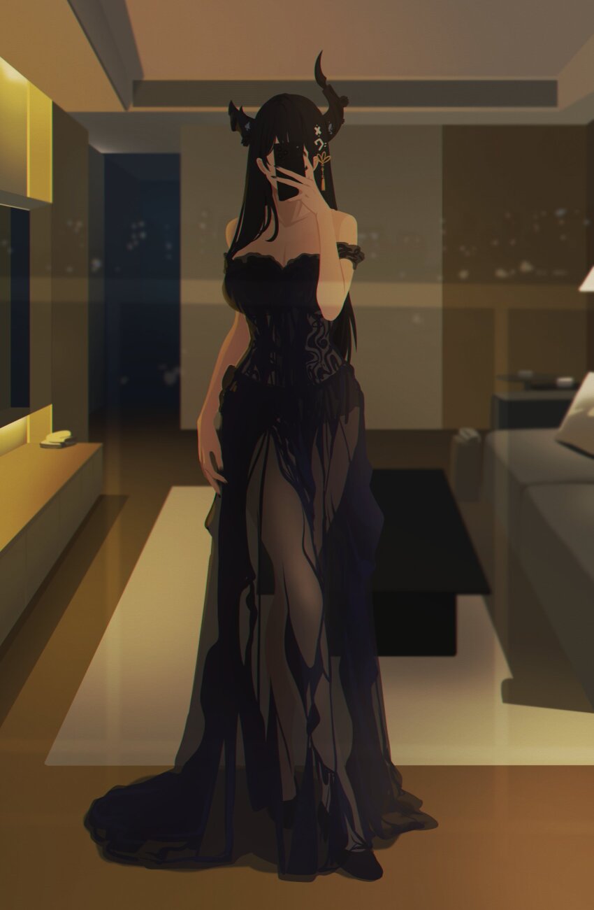 1girl absurdres alternate_costume asymmetrical_horns bare_shoulders black_dress black_hair black_horns blurry blurry_background breasts cellphone cleavage dress full_body highres holding holding_phone hololive hololive_english horns indoors large_breasts phone see-through_clothes see-through_dress smartphone solo strapless strapless_dress uneven_horns virtual_youtuber yoruny