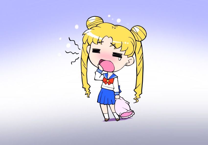 1girl =_= bishoujo_senshi_sailor_moon blonde_hair blue_sailor_collar blue_skirt bow brown_shoes chibi chibi_only closed_eyes double_bun earrings full_body furrowed_brow gradient_background hair_bun hand_up highres himehachi_(hime8manga) holding holding_pillow jewelry legs_apart long_hair long_sleeves no_nose open_mouth pillow pleated_skirt red_bow sailor_collar school_uniform serafuku shirt shoes single_tear skirt socks solo squeans standing tsukino_usagi twintails white_shirt white_socks yawning
