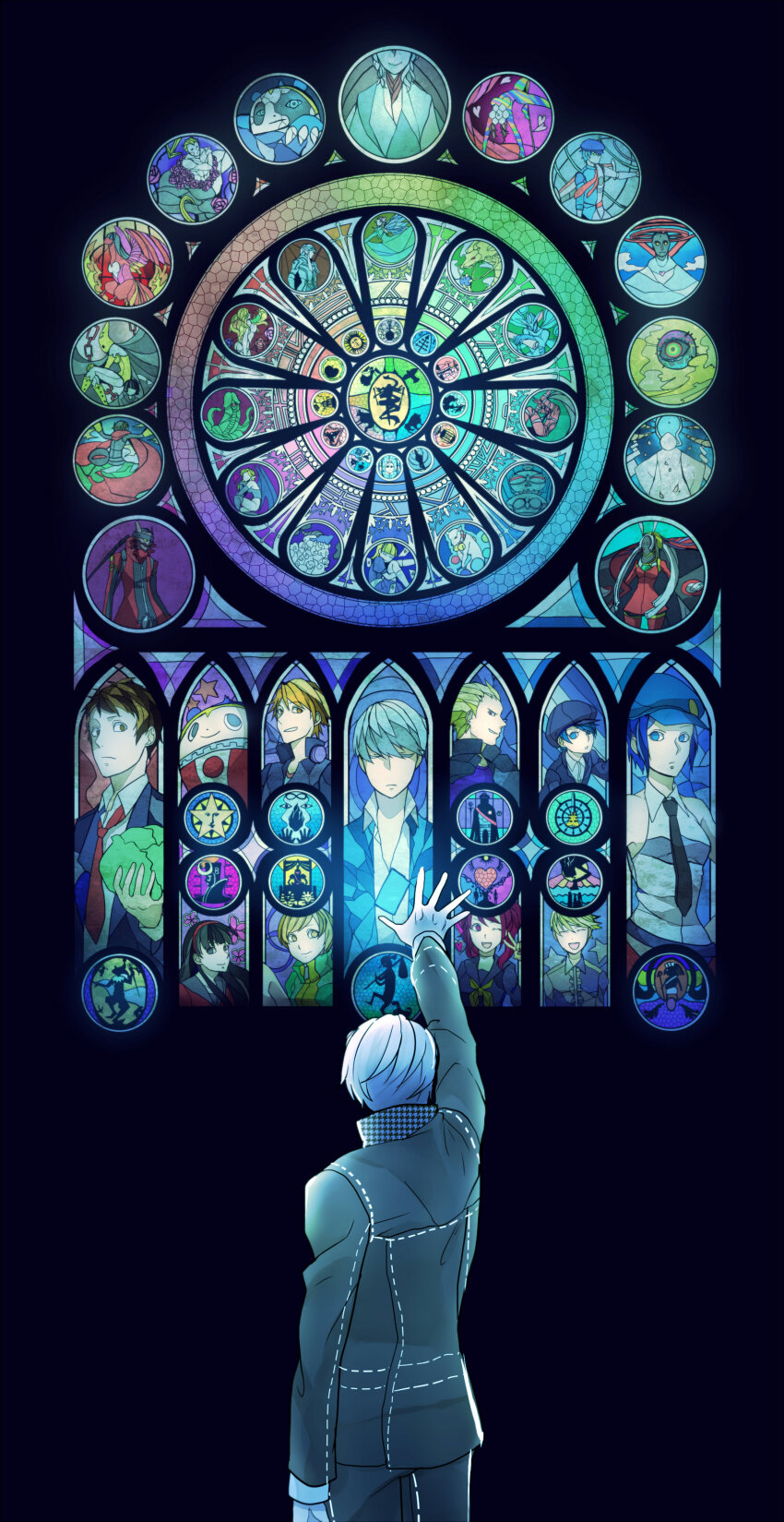 6+boys 6+girls absurdres adachi_tooru alice_(megami_tensei) alraune_(megami_tensei) amagi_yukiko ameno_sagiri_(persona) arahabaki_(megami_tensei) bell black_eyes black_hair black_necktie black_wings blonde_hair blue_eyes blue_hair brown_eyes brown_hair cabbage cabbie_hat card character_request closed_eyes death_(tarot) ebippoid flower food grey_hair hair_flower hair_ornament hanamura_yousuke hat headphones headphones_around_neck heart highres holding holding_food izanami_(persona) judgement_(tarot) justice_(tarot) kouryuu_(megami_tensei) kujikawa_rise kuma_(persona_4) kunino-sagiri_(persona) magatsu_izanagi mara_(megami_tensei) marie_(persona_4) multiple_boys multiple_girls narukami_yu neck_bell necktie persona persona_4 persona_4_the_golden pink_flower playing_card rakshasa_(megami_tensei) red_necktie satonaka_chie school_uniform shadow_chie shadow_kanji shadow_kuma shadow_naoto shadow_rise shadow_yousuke shadow_yukiko shirogane_naoto sraosha_(megami_tensei) stained_glass strength_(tarot) succubus_(megami_tensei) tam_lin_(megami_tensei) tarot tatsumi_kanji temperance_(tarot) the_chariot_(tarot) the_devil_(tarot) the_emperor_(tarot) the_empress_(tarot) the_fool_(tarot) the_hanged_man_(tarot) the_hermit_(tarot) the_hierophant_(tarot) the_high_priestess_(tarot) the_lovers_(tarot) the_magician_(tarot) the_moon_(tarot) the_star_(tarot) the_sun_(tarot) the_tower_(tarot) the_world_(tarot) titania_(megami_tensei) wheel_of_fortune_(tarot) wings xiezhai_(megami_tensei) yasogami_school_uniform yatsufusa_(megami_tensei)