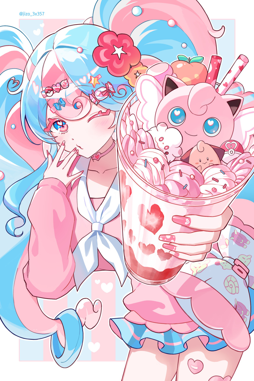 1girl absurdres berry_(pokemon) blue_bow blue_eyes blue_hair blue_skirt blush border bow breasts choker clefairy_sprite_(pokemon) cleffa collarbone colored_eyelashes commentary curly_hair drinking_straw fairy_miku_(project_voltage) fingernails flower food fossil_sprite_(pokemon) fruit gen_1_pokemon gen_2_pokemon gen_6_pokemon hair_flower hair_ornament hairclip hatsune_miku heart heart_choker heart_in_eye highres jigglypuff jizo_3x357 large_breasts leaning_forward light_blue_hair long_fingernails long_hair long_sleeves looking_at_viewer love_ball multicolored_eyes multicolored_hair nail_art nail_polish neckerchief nintendo one_eye_closed parfait pillow pink_choker pink_eyes pink_hair pink_nails pleated_skirt poke_ball poke_ball_hair_ornament pokemon project_voltage red_flower skirt sleeves_past_wrists solo strawberry striped_background swirlix symbol_in_eye twintails twitter_username two-tone_eyes two-tone_hair vocaloid whipped_cream white_border white_neckerchief