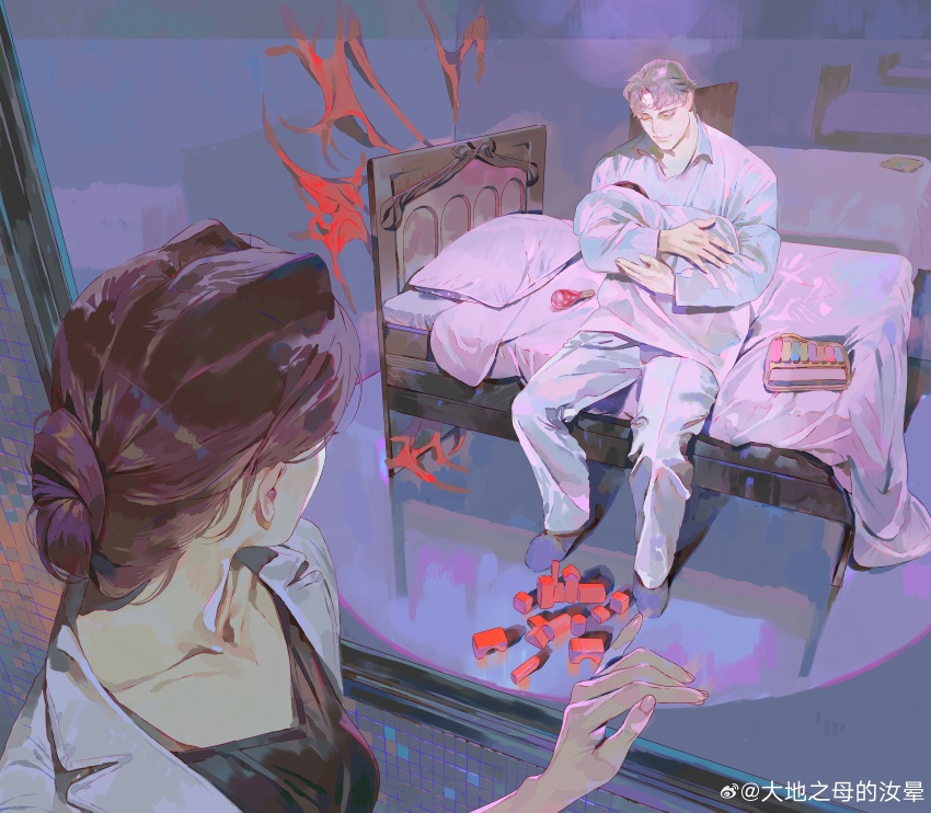 1boy 1girl absurdres against_glass baby bed brown_hair carrying_baby carrying_person closed_eyes curtained_hair family from_behind from_outside hair_bun hand_on_glass hand_up highres holding horror_(theme) husband_and_wife indoors instrument jacket lab_coat lapels light_smile lips long_sleeves looking_at_another looking_through_window mgong520 muscular nose on_bed open_clothes open_jacket original pants perspective rattle shirt short_hair sitting slippers surreal swaddled two-handed watermark weibo_watermark white_pants white_shirt xylophone