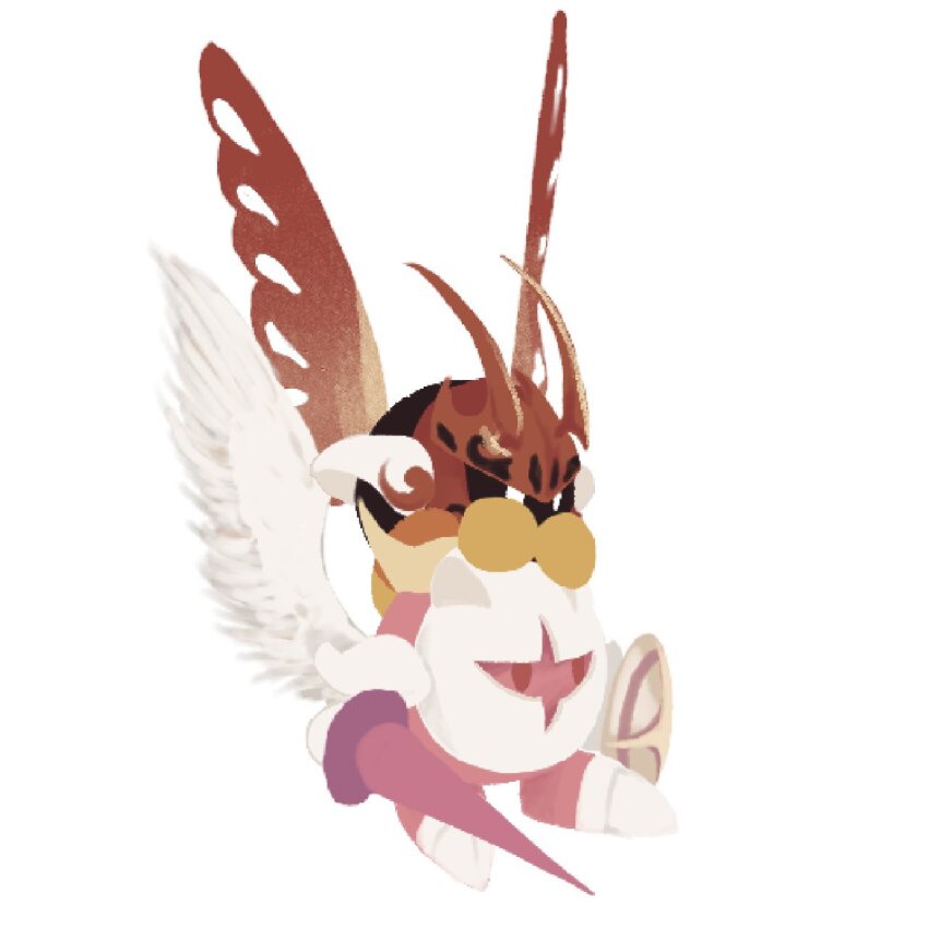 aida_(aidacamelia0516) armor black_skin butterfly_wings colored_skin feathered_wings galacta_knight highres horns insect_wings kirby_(series) lance mask morpho_knight nintendo pink_skin polearm red_mask red_wings shield simple_background weapon white_background white_wings wings