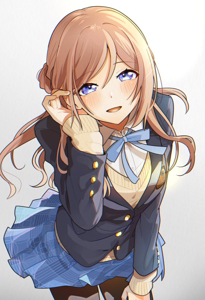 1girl bafarin black_pantyhose blue_eyes blue_jacket blue_ribbon blue_skirt blush brown_hair gakuen_idolmaster hatsuboshi_gakuen_school_uniform highres himesaki_rinami idolmaster jacket leaning_forward long_hair neck_ribbon pantyhose pleated_skirt ribbon school_uniform shirt simple_background skirt smile solo sweater tucking_hair very_long_hair white_shirt yellow_sweater