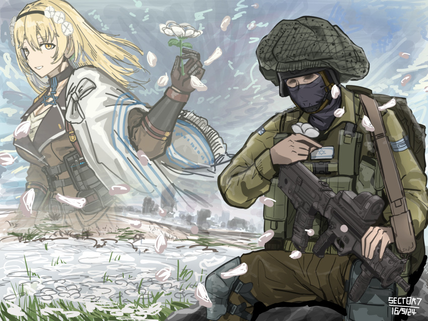 1boy 1girl absurdres ammunition_pouch assault_rifle balaclava black_gloves blonde_hair breasts brown_jacket bulletproof_vest bullpup cape carbine chamomile choker flower girls&#039;_frontline gloves gun hair_between_eyes hair_flower hair_ornament hairband helmet hexagram highres holding holding_flower holding_gun holding_weapon holy_light israel israel_defense_forces iwi_tavor jacket load_bearing_equipment long_hair military military_combat_uniform military_uniform pouch red_dot_sight rifle shirt sidelocks soldier star_of_david tavor_x95 weapon white_cape white_shirt x95_(girls&#039;_frontline) yellow_eyes