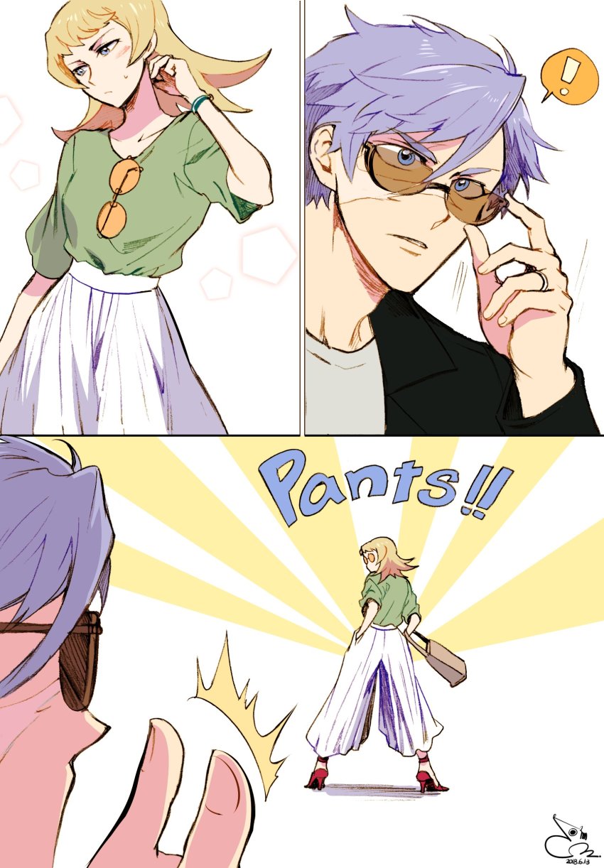 ! 1boy 1girl absurdres bad_id bad_twitter_id bae_(baebae) bag blonde_hair blue_eyes blue_hair bracelet comic dated double_thumbs_up english_text eyewear_hang eyewear_on_shirt gaelio_bauduin glasses glasses_on_shirt gundam gundam_tekketsu_no_orphans handbag hands_in_pockets high_heels highres jewelry julietta_juris looking_at_another looking_back pentagon_(shape) red_footwear shirt signature simple_background spoken_exclamation_mark sunburst sunglasses sweatdrop thumbs_up unworn_eyewear white_background