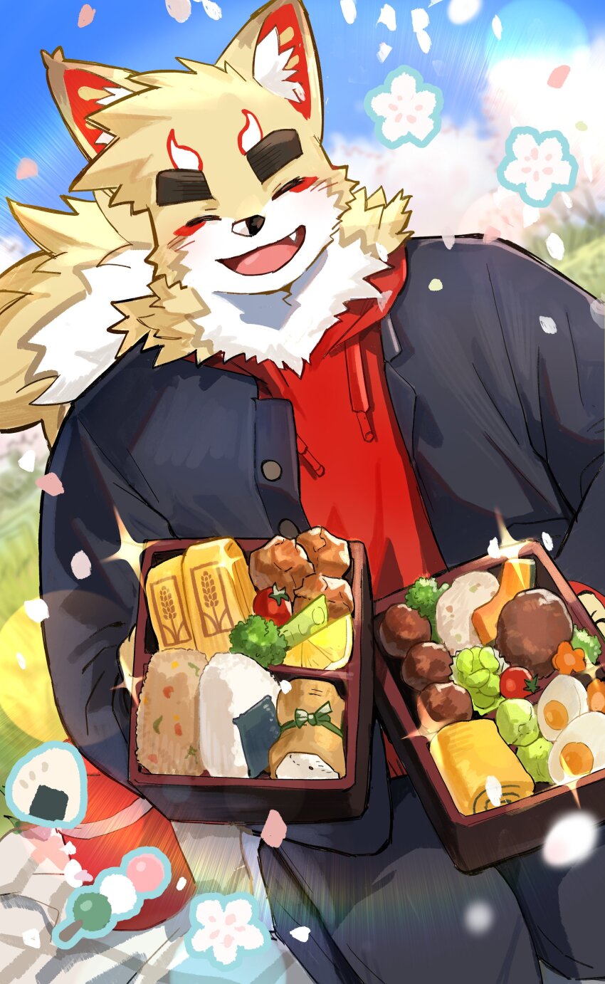1boy absurdres animal_ears bento black_coat black_pants cherry_blossoms closed_eyes coat commentary_request facing_viewer falling_petals fang food fox_boy fox_ears fox_tail furry furry_male highres hood hood_down hoodie inari_(housamo) korean_commentary male_focus mixed-language_commentary open_mouth pants petals red_hoodie sparkle syukapong tail tokyo_houkago_summoners