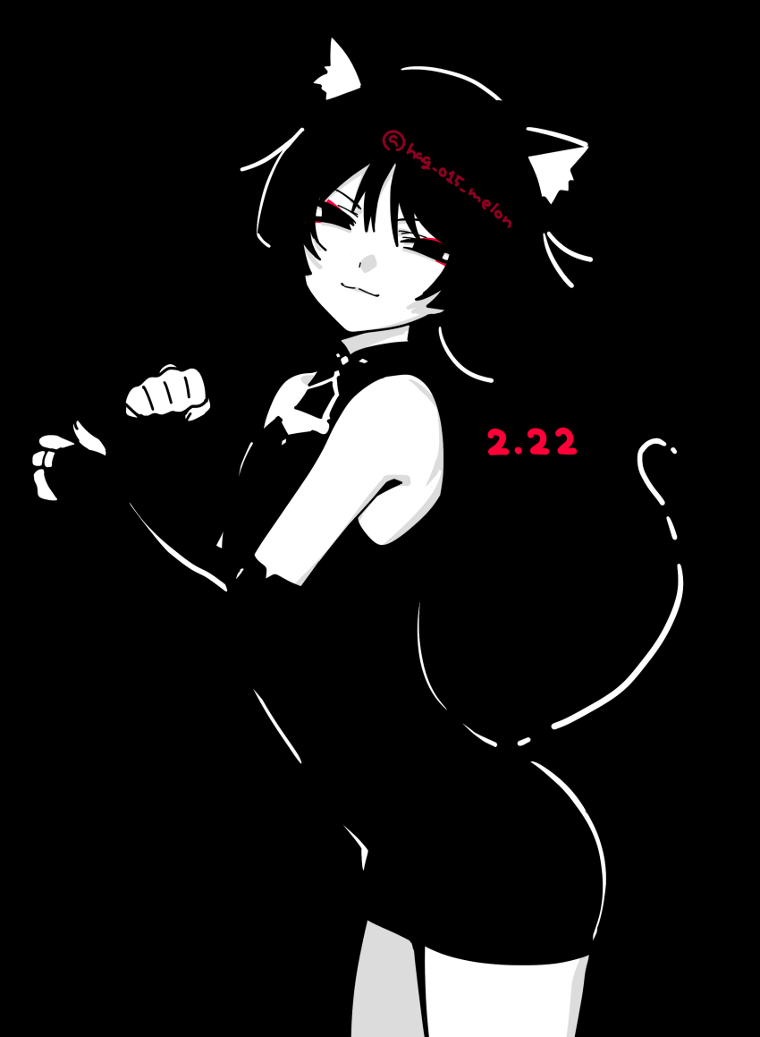 1boy :3 absurdres animal_ear_fluff animal_ears black_background blunt_ends bridal_gauntlets cat_boy cat_day cat_ears cat_tail clenched_hand closed_mouth dated empty_eyes eyeliner eyeshadow genshin_impact hag_(hag_015) head_tilt highres leotard looking_at_viewer makeup male_focus mandarin_collar middle_ring monochrome paw_pose red_eyeliner red_eyeshadow scaramouche_(genshin_impact) smile solo split_mouth tail tsurime twitter_username wanderer_(genshin_impact)