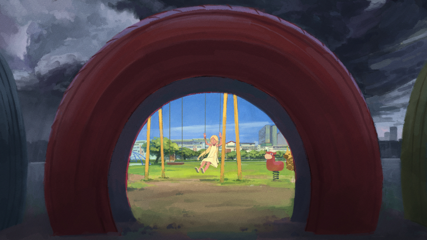 1girl absurdres blonde_hair blue_sky cloud cloudy_sky commentary english_commentary grass highres on_swing original others_(gogo-o) playground sky solo spring_rider swing unused_tire